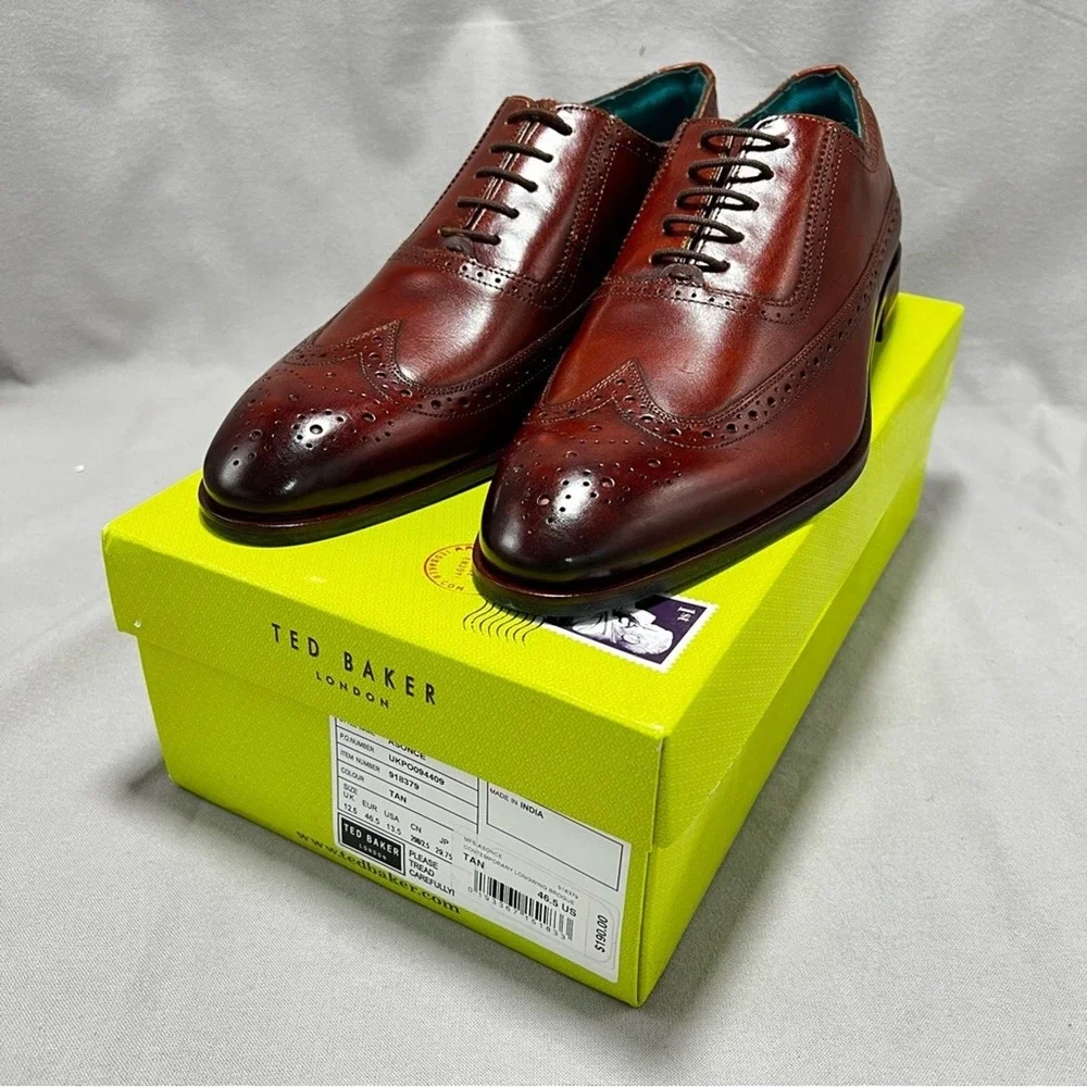 Ted Baker Asonce Leather Longwing Broque Brown Leather Oxford Dress Shoes 13.5